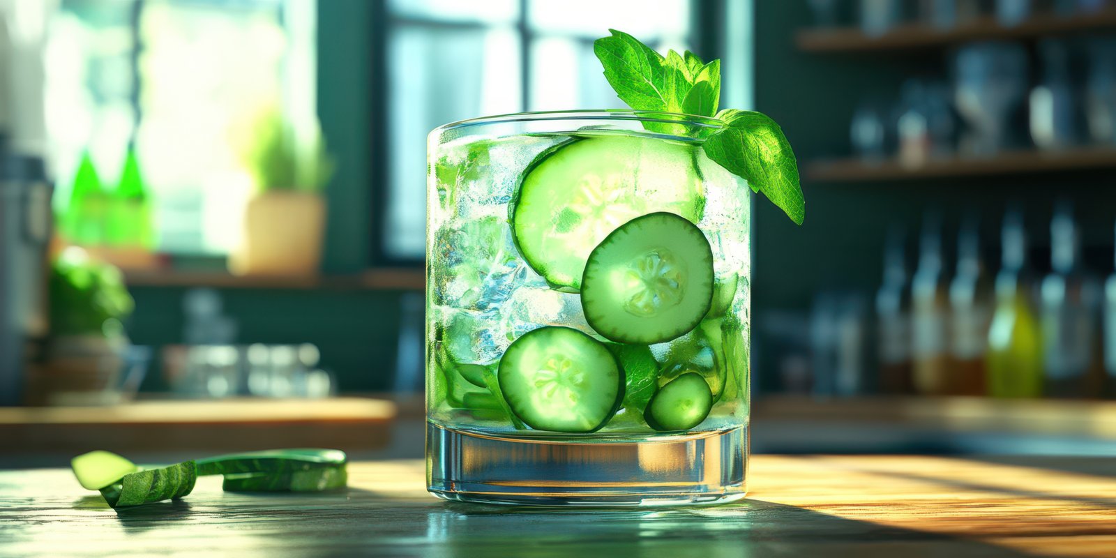 Refreshing cucumber mint drink served in a glass on a wooden counter in a bright kitchen